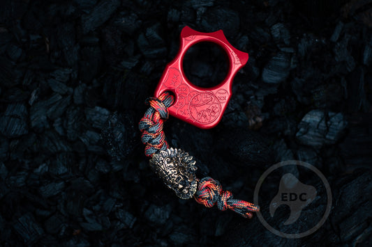 Set of Single Finger Knuckle Duster SFK 03 Stamp Red Anodizing Type 2 & Brass Paracord Bead Skull Of Aztec Priest Hand With Heart & EDC Leather Pouch
