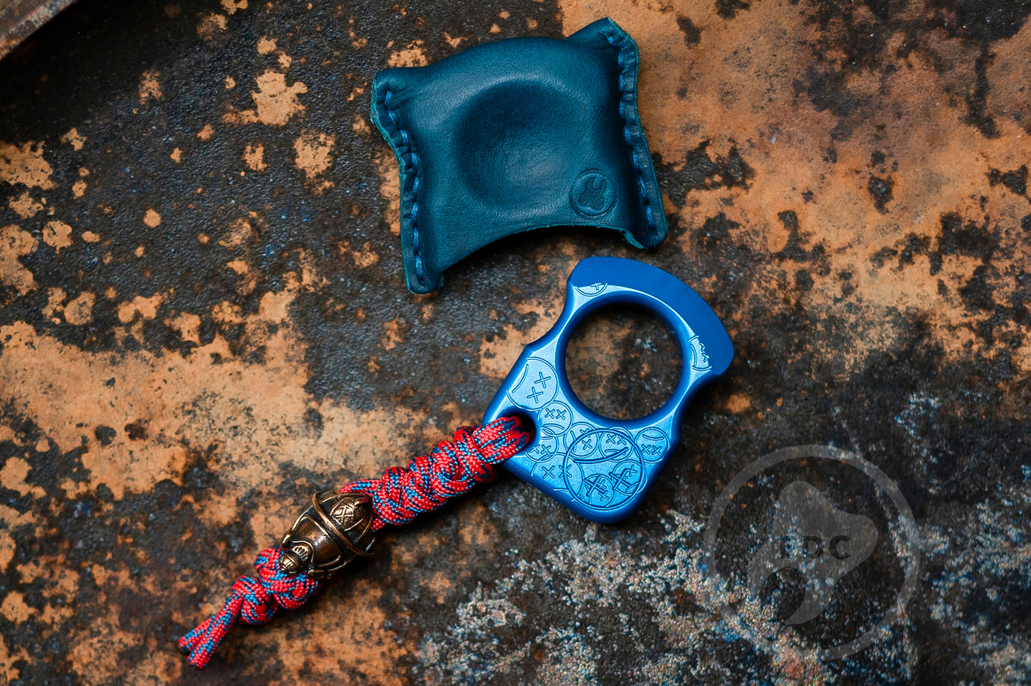 Set of Single Knuckle Brass SFK 01 Blue Anodizing Type 2 & Brass EDC Lanyard Bead Fireman's Helmet & EDC Leather Pouch