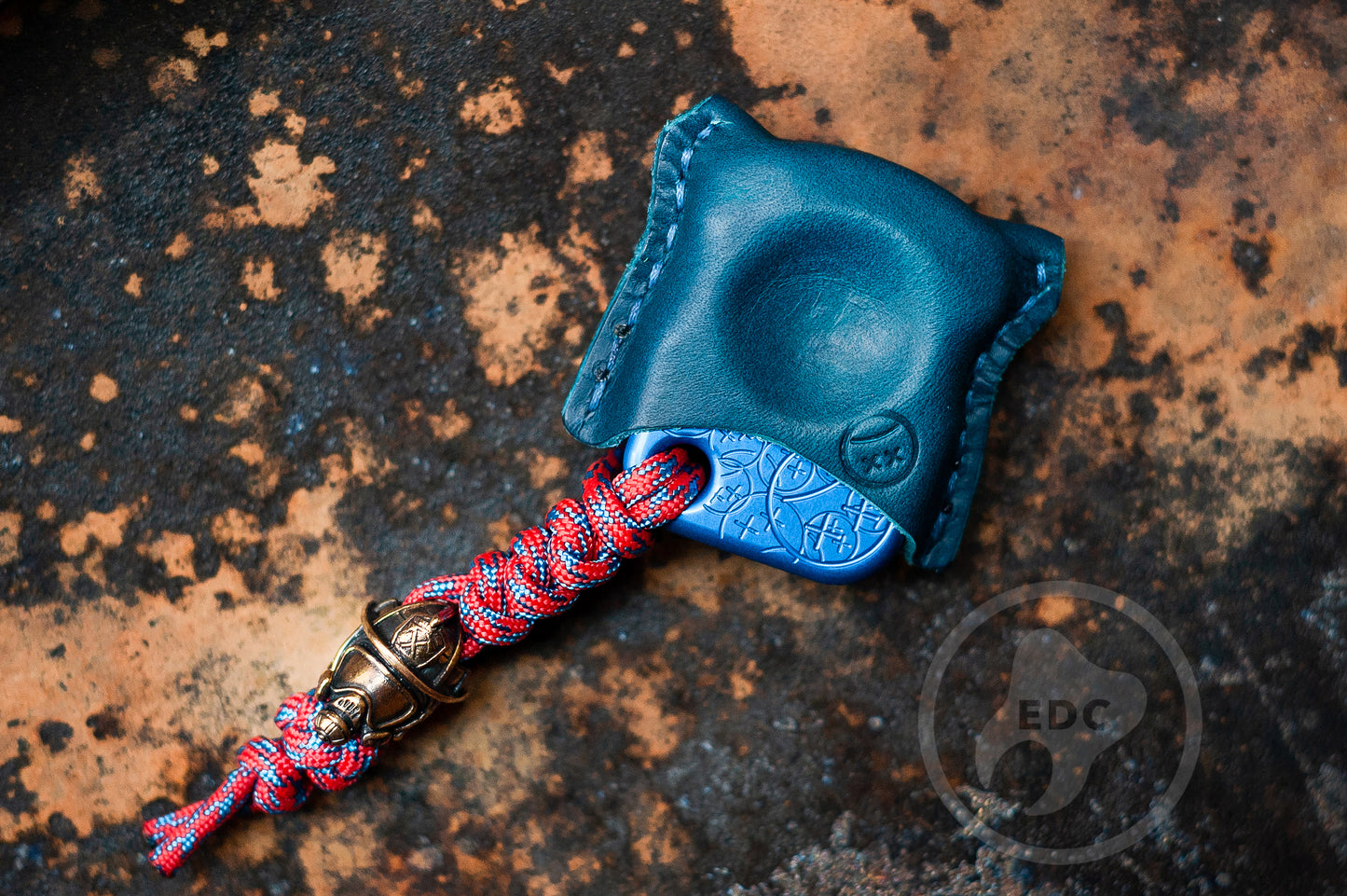 Set of Single Knuckle Brass SFK 01 Blue Anodizing Type 2 & Brass EDC Lanyard Bead Fireman's Helmet & EDC Leather Pouch
