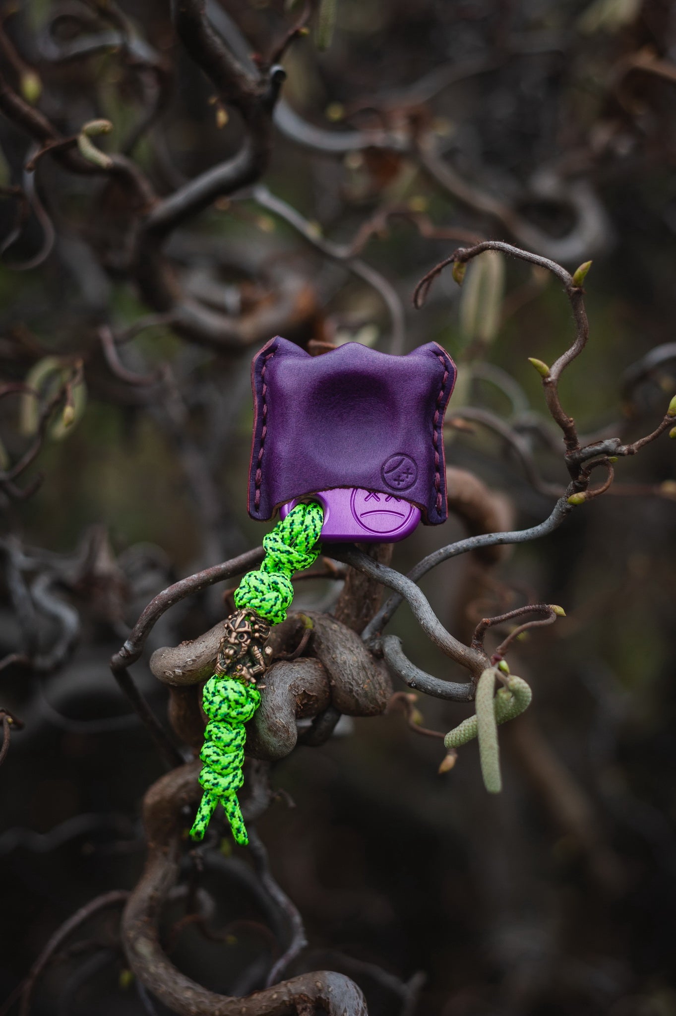 Set of Single Finger Knuckle Brass SFK 03 Purple Anodizing Type 2 & Brass Bead Lanyard Voodoo Shaman & EDC Leather Pouch