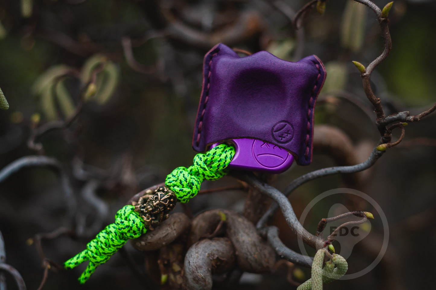 Set of Single Finger Knuckle Brass SFK 03 Purple Anodizing Type 2 & Brass Bead Lanyard Voodoo Shaman & EDC Leather Pouch