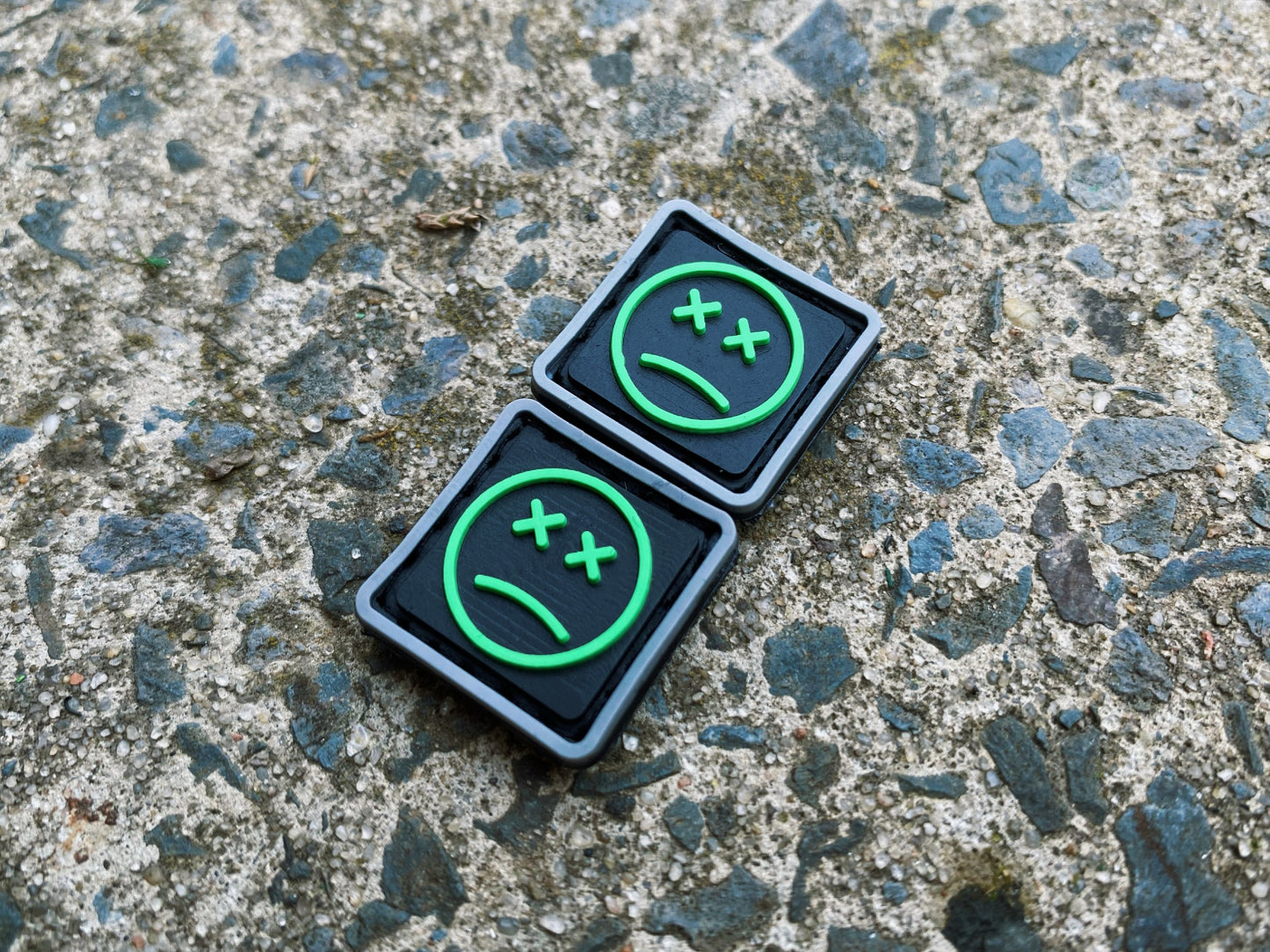 PVC Velcro Patch Sad Face Grey, Black, and Green 2 pcs.