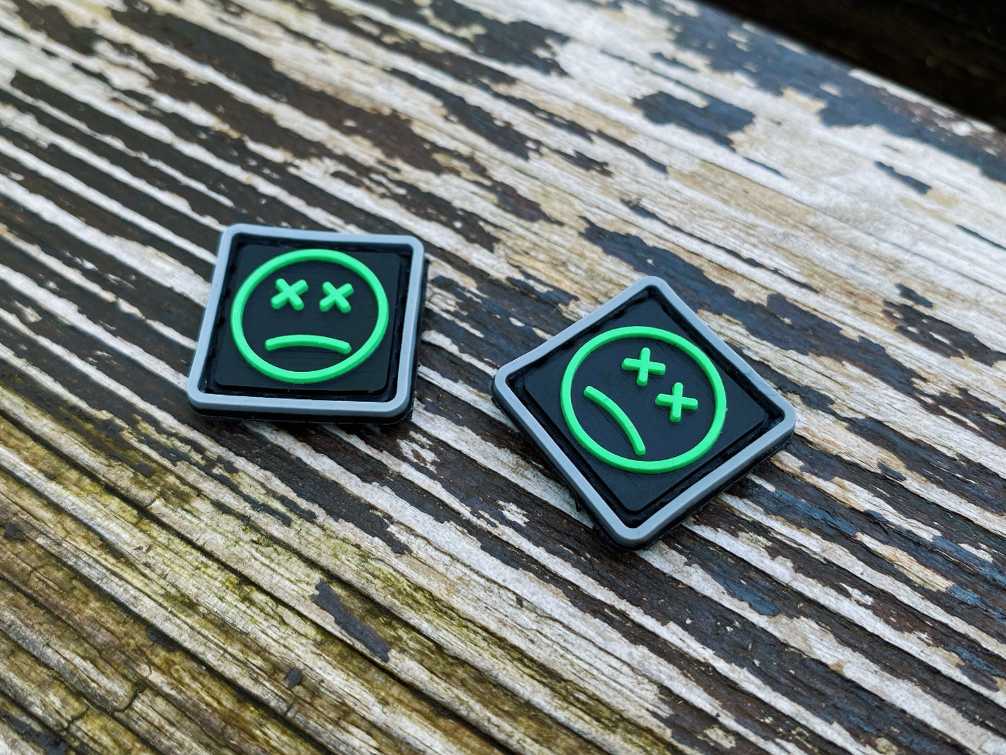 PVC Velcro Patch Sad Face Grey, Black, and Green 2 pcs.