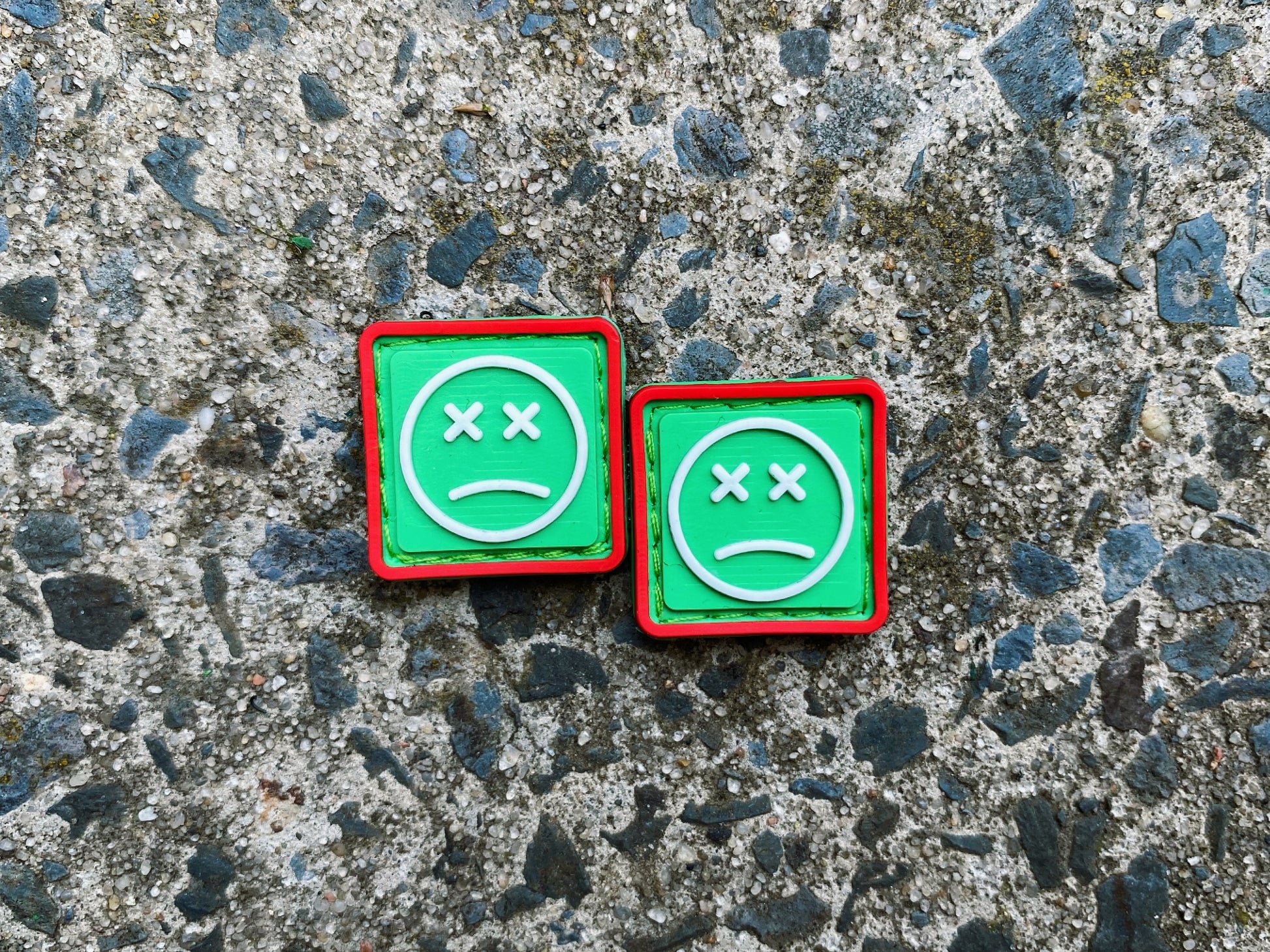 PVC Velcro Patch Sad Face Green, Blue, and White 2 pcs. – EDCCraft